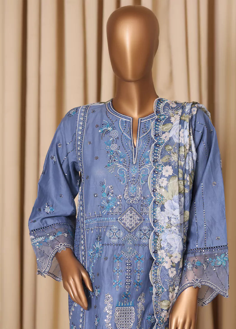 3 Piece Embroidered Pastel Blue Cotton Suit with Trouser & Dupatta