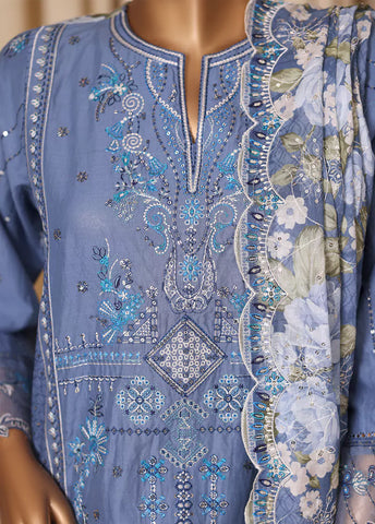 3 Piece Embroidered Pastel Blue Cotton Suit with Trouser & Dupatta