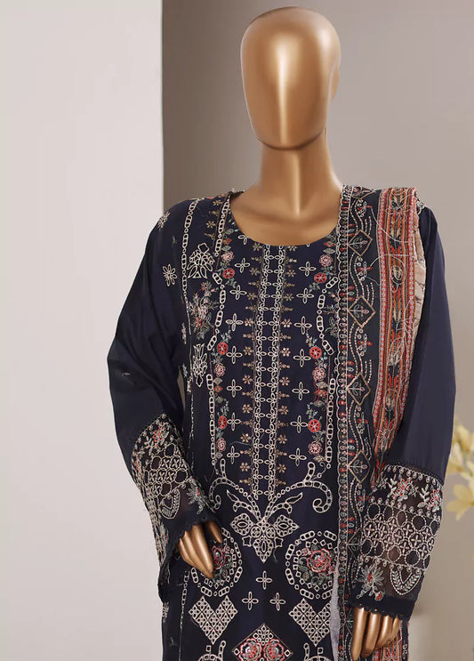 3 Piece Embroidered Navy Blue Color Lawn Shirt with Trouser & Embroidered Dupatta