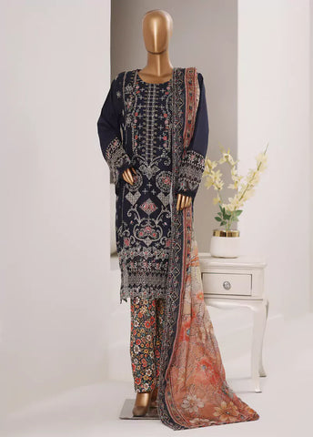 3 Piece Embroidered Navy Blue Color Lawn Shirt with Trouser & Embroidered Dupatta