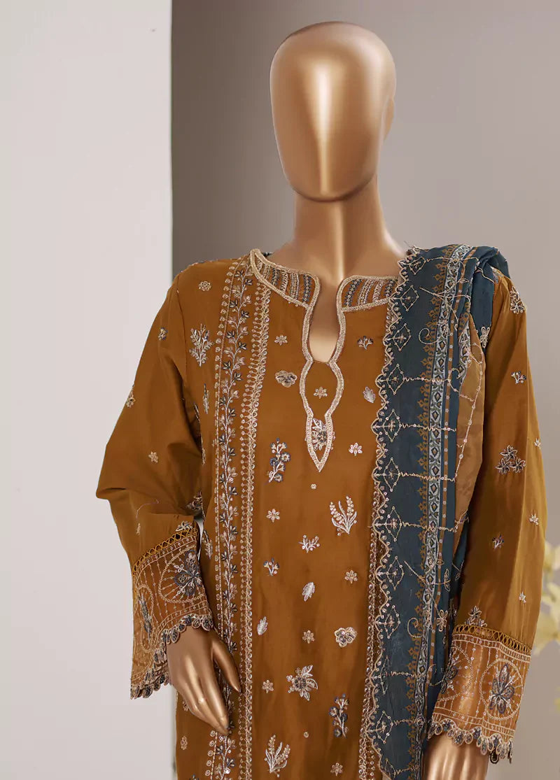 3 Piece Embroidered Rust Color Lawn Shirt with Trouser & Embroidered Dupatta