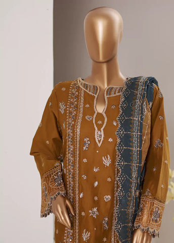 3 Piece Embroidered Rust Color Lawn Shirt with Trouser & Embroidered Dupatta