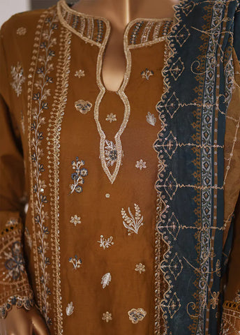3 Piece Embroidered Rust Color Lawn Shirt with Trouser & Embroidered Dupatta