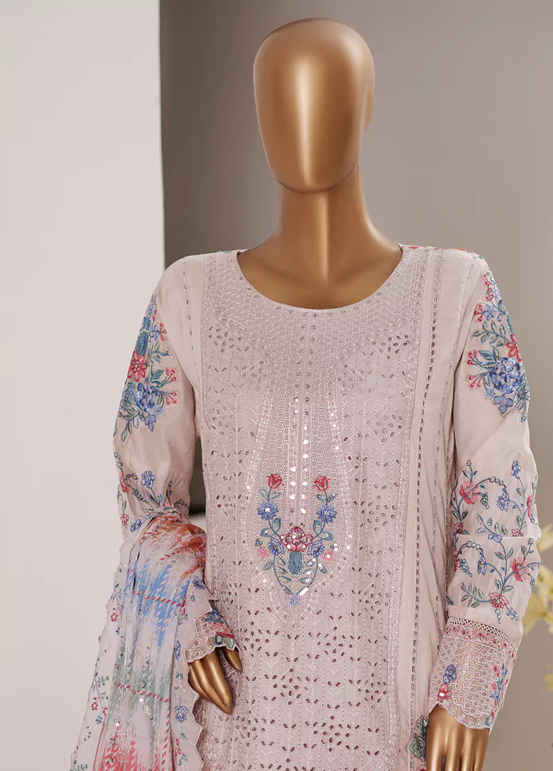 3 Piece Embroidered Powder Pink Color Lawn Shirt with Trouser & Embroidered Dupatta