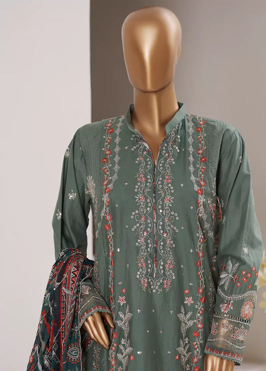 3 Piece Embroidered Green Color Lawn Shirt with Trouser & Embroidered Dupatta