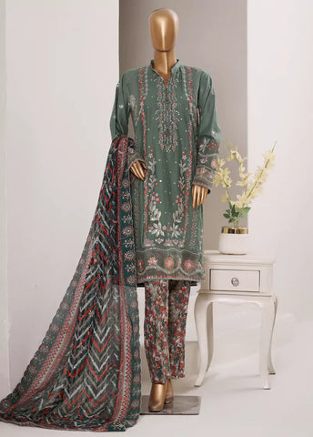 3 Piece Embroidered Green Color Lawn Shirt with Trouser & Embroidered Dupatta