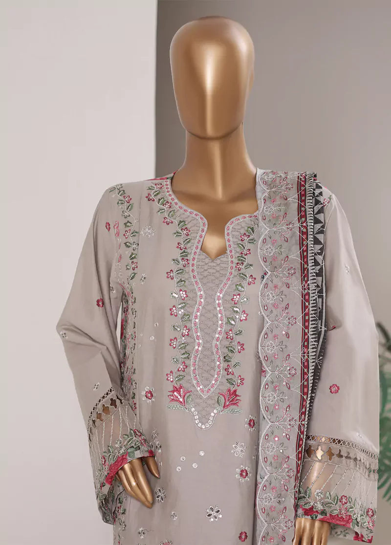 3 Piece Embroidered Grey Color Lawn Shirt with Trouser & Embroidered Dupatta