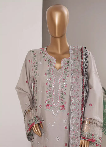 3 Piece Embroidered Grey Color Lawn Shirt with Trouser & Embroidered Dupatta