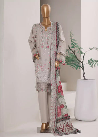 3 Piece Embroidered Grey Color Lawn Shirt with Trouser & Embroidered Dupatta