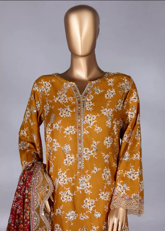 3 Piece Honey Orange Color Embroidered Lawn Shirt with Embroidered Trouser & Dupatta