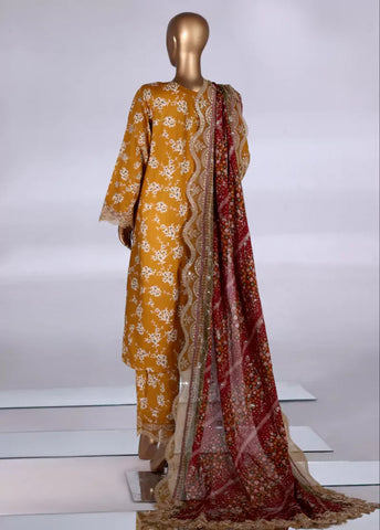 3 Piece Honey Orange Color Embroidered Lawn Shirt with Embroidered Trouser & Dupatta