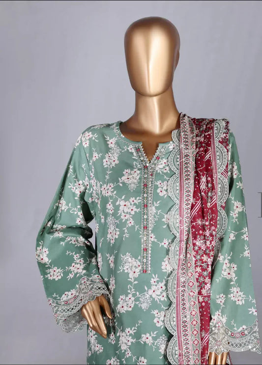 3 Piece Mint Green Color Embroidered Lawn Shirt with Embroidered Trouser & Dupatta