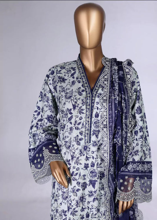 3 Piece Color Embroidered Lawn Shirt with Embroidered Trouser & Dupatta