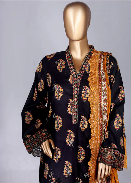 3 Piece Black & Orange Color Embroidered Lawn Shirt with Embroidered Trouser & Dupatta