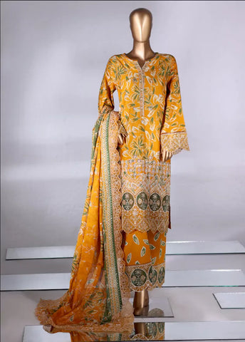 3 Piece Merrigold Orange Color Embroidered Lawn Shirt with Embroidered Trouser & Dupatta