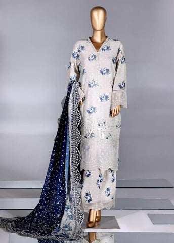 3 Piece Off White Color Embroidered Lawn Shirt with Embroidered Trouser & Dupatta
