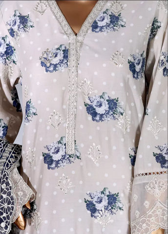 3 Piece Off White Color Embroidered Lawn Shirt with Embroidered Trouser & Dupatta