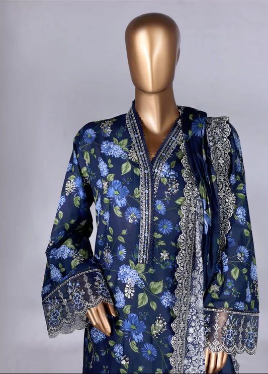 3 Piece Navy Blue Color Embroidered Lawn Shirt with Embroidered Trouser & Dupatta