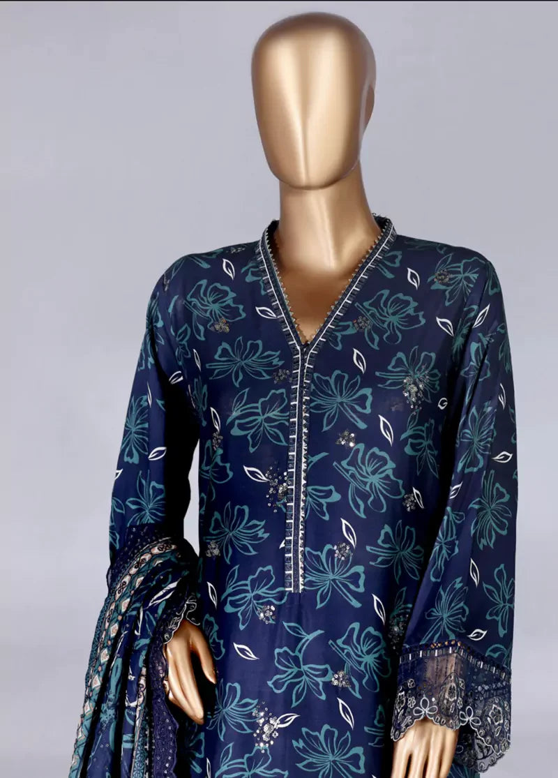 3 Piece Navy Blue Color Embroidered Lawn Shirt with Embroidered Trouser & Dupatta