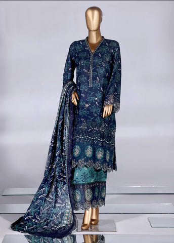 3 Piece Navy Blue Color Embroidered Lawn Shirt with Embroidered Trouser & Dupatta