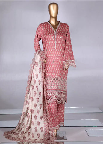 3 Piece Flamingo Pink Color Embroidered Lawn Shirt with Embroidered Trouser & Dupatta