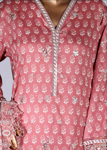 3 Piece Flamingo Pink Color Embroidered Lawn Shirt with Embroidered Trouser & Dupatta