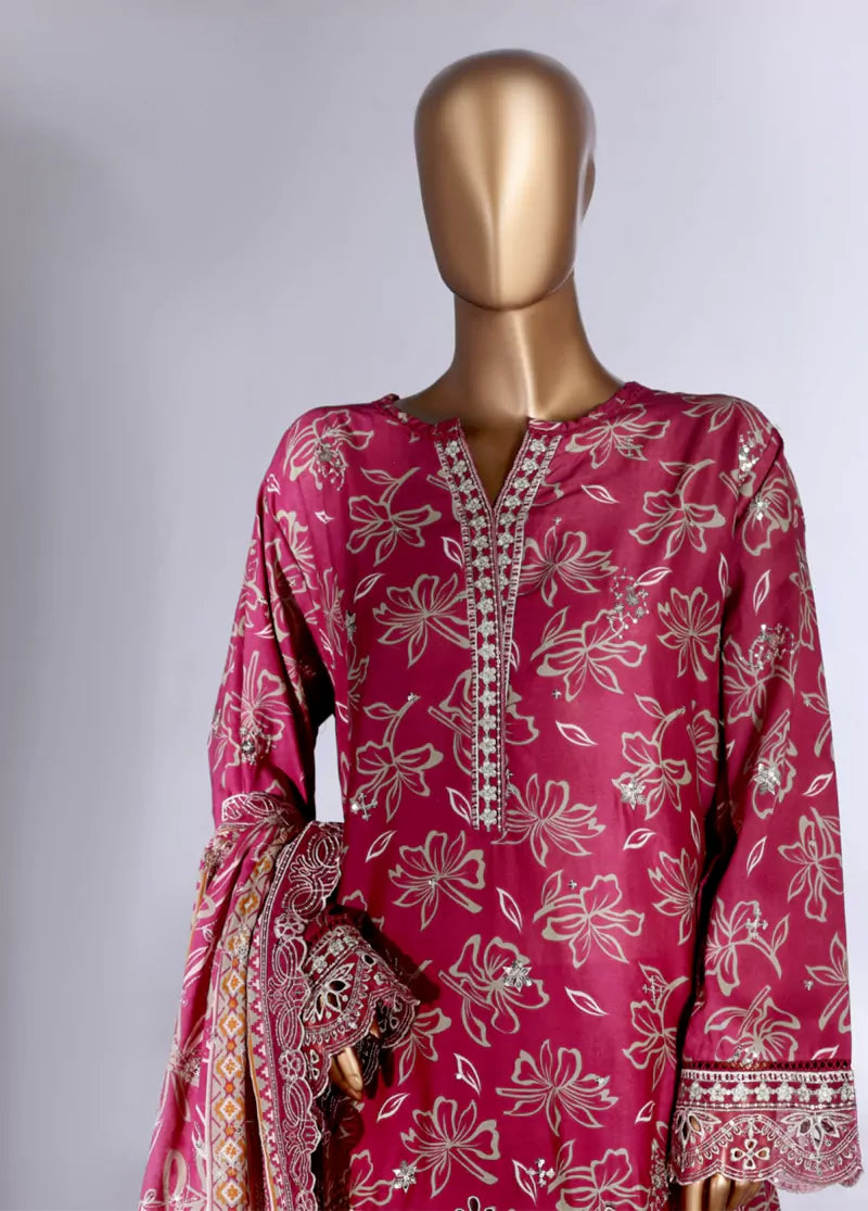 3 Piece Shocking Pink & Ivory Color Embroidered Lawn Shirt with Embroidered Trouser & Dupatta
