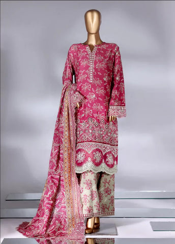 3 Piece Shocking Pink & Ivory Color Embroidered Lawn Shirt with Embroidered Trouser & Dupatta