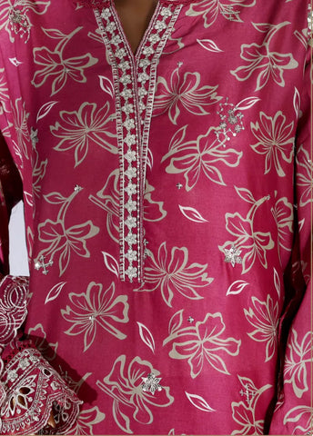 3 Piece Shocking Pink & Ivory Color Embroidered Lawn Shirt with Embroidered Trouser & Dupatta