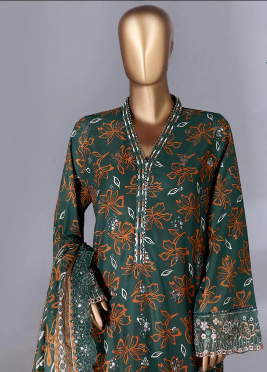 3 Piece Green Color Embroidered Lawn Shirt with Embroidered Trouser & Dupatta