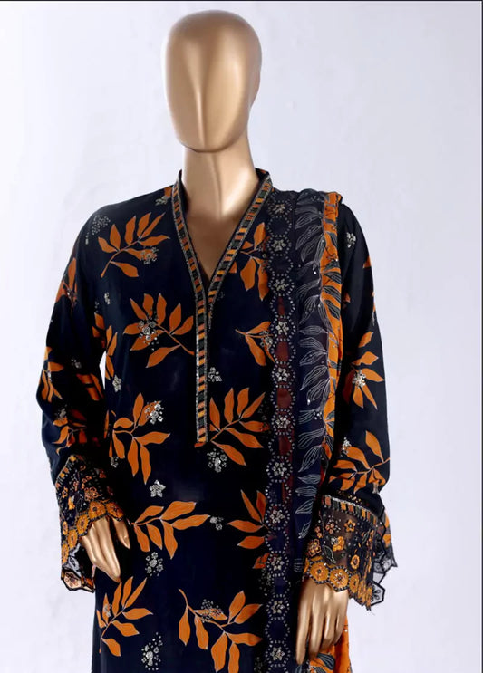 3 Piece Black & Orange Color Embroidered Lawn Shirt with Embroidered Trouser & Dupatta