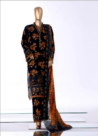 3 Piece Black & Orange Color Embroidered Lawn Shirt with Embroidered Trouser & Dupatta