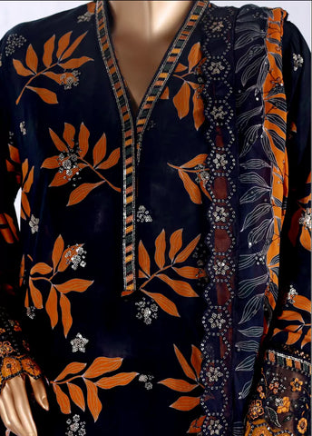 3 Piece Black & Orange Color Embroidered Lawn Shirt with Embroidered Trouser & Dupatta