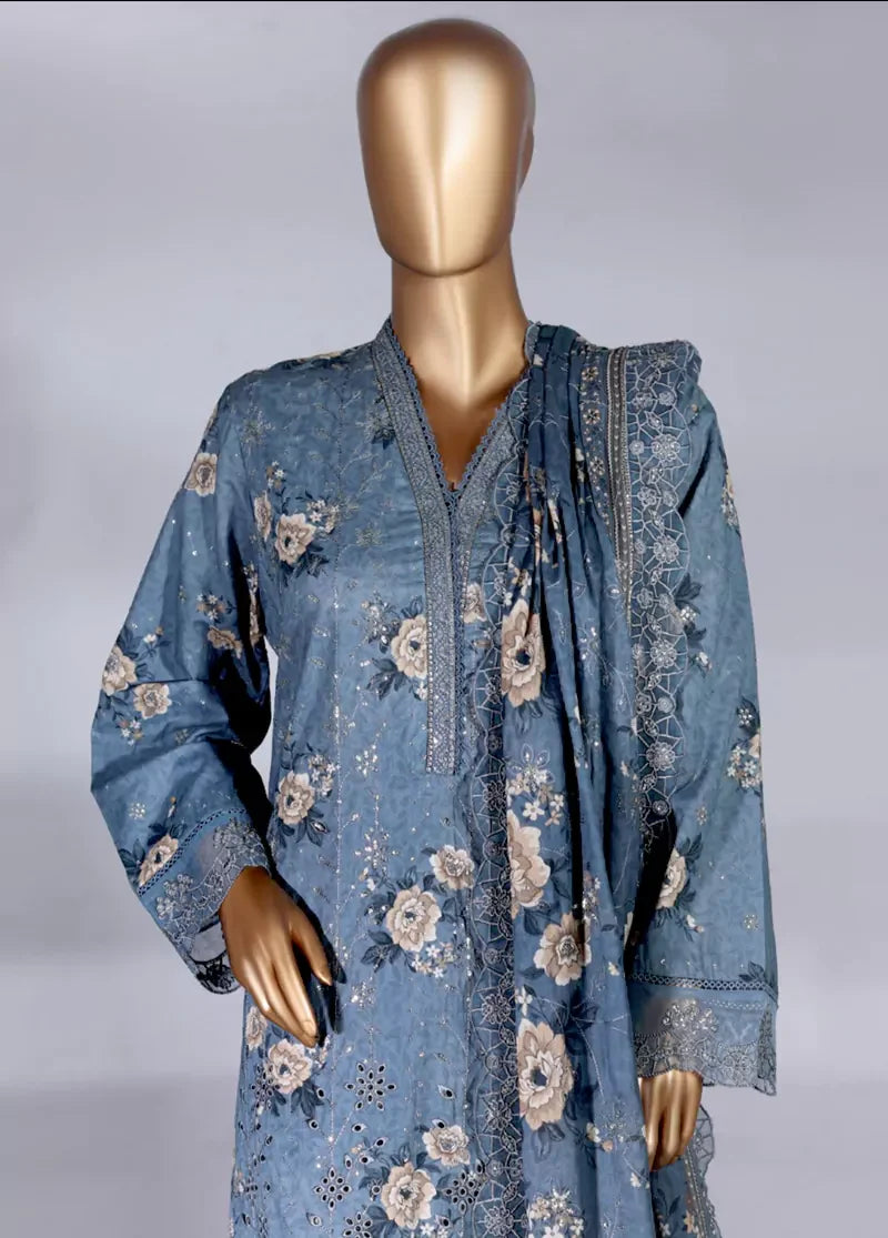 3 Piece Color Embroidered Lawn Shirt with Embroidered Trouser & Dupatta