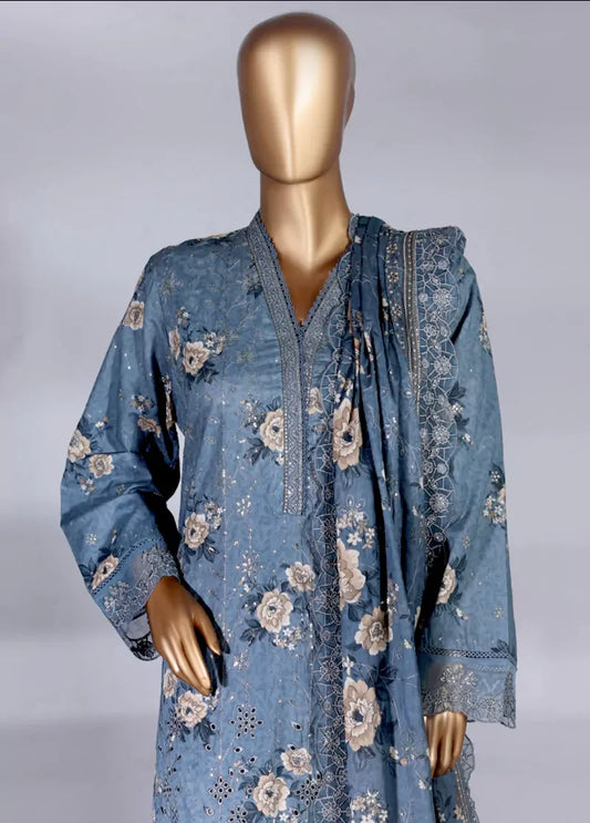 3 Piece Color Embroidered Lawn Shirt with Embroidered Trouser & Dupatta