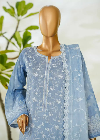 3 Piece Ice Blue Color Embroidered Lawn Shirt with Embroidered Trouser & Dupatta
