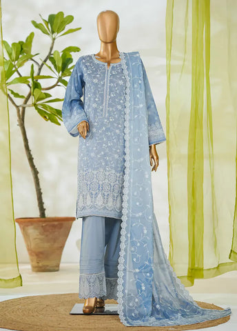 3 Piece Ice Blue Color Embroidered Lawn Shirt with Embroidered Trouser & Dupatta