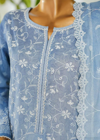 3 Piece Ice Blue Color Embroidered Lawn Shirt with Embroidered Trouser & Dupatta