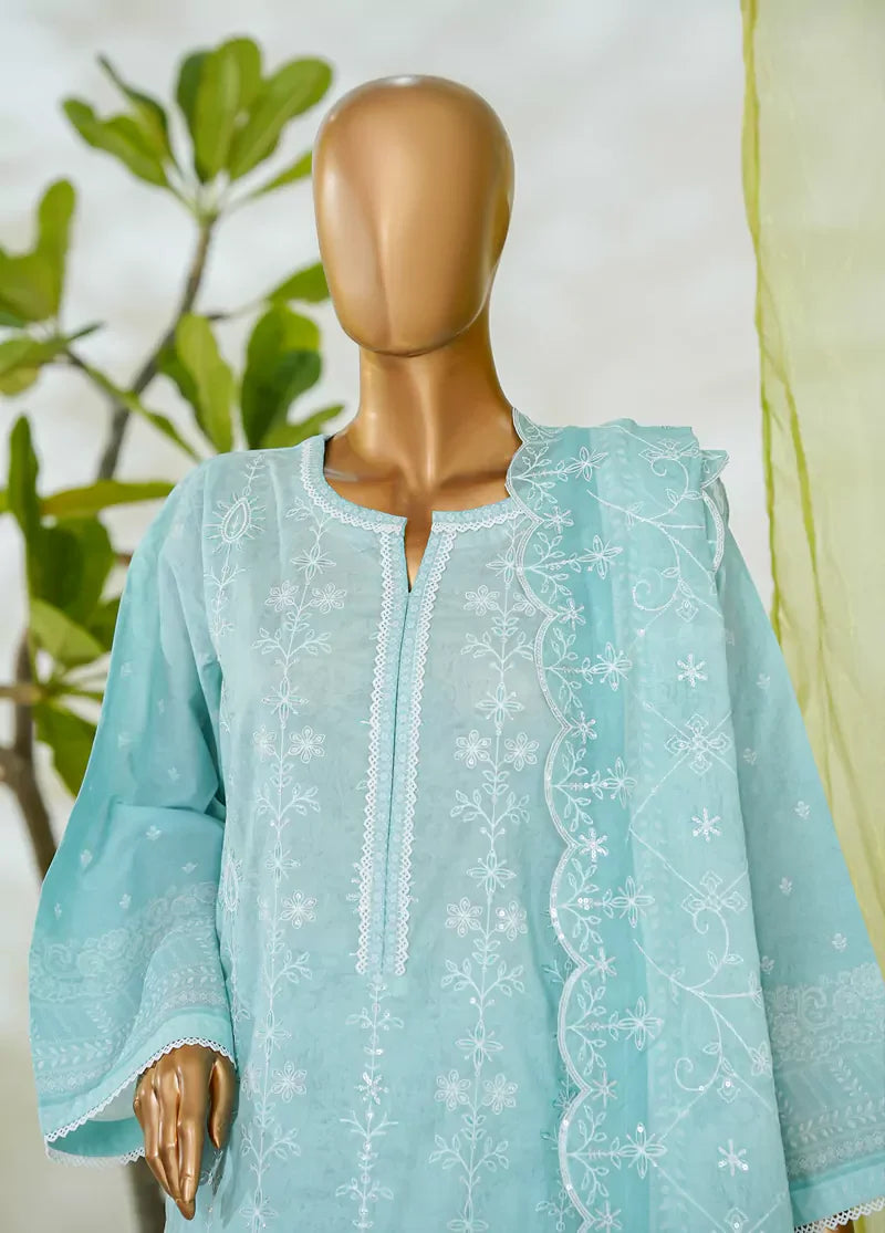 3 Piece Arctic Blue Color Embroidered Lawn Shirt with Embroidered Trouser & Dupatta