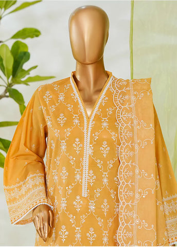 3 Piece Honey Orange Color Embroidered Lawn Shirt with Embroidered Trouser & Dupatta