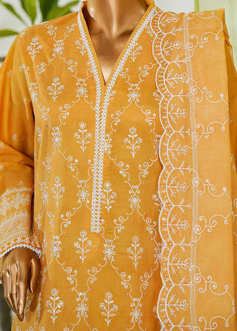3 Piece Honey Orange Color Embroidered Lawn Shirt with Embroidered Trouser & Dupatta