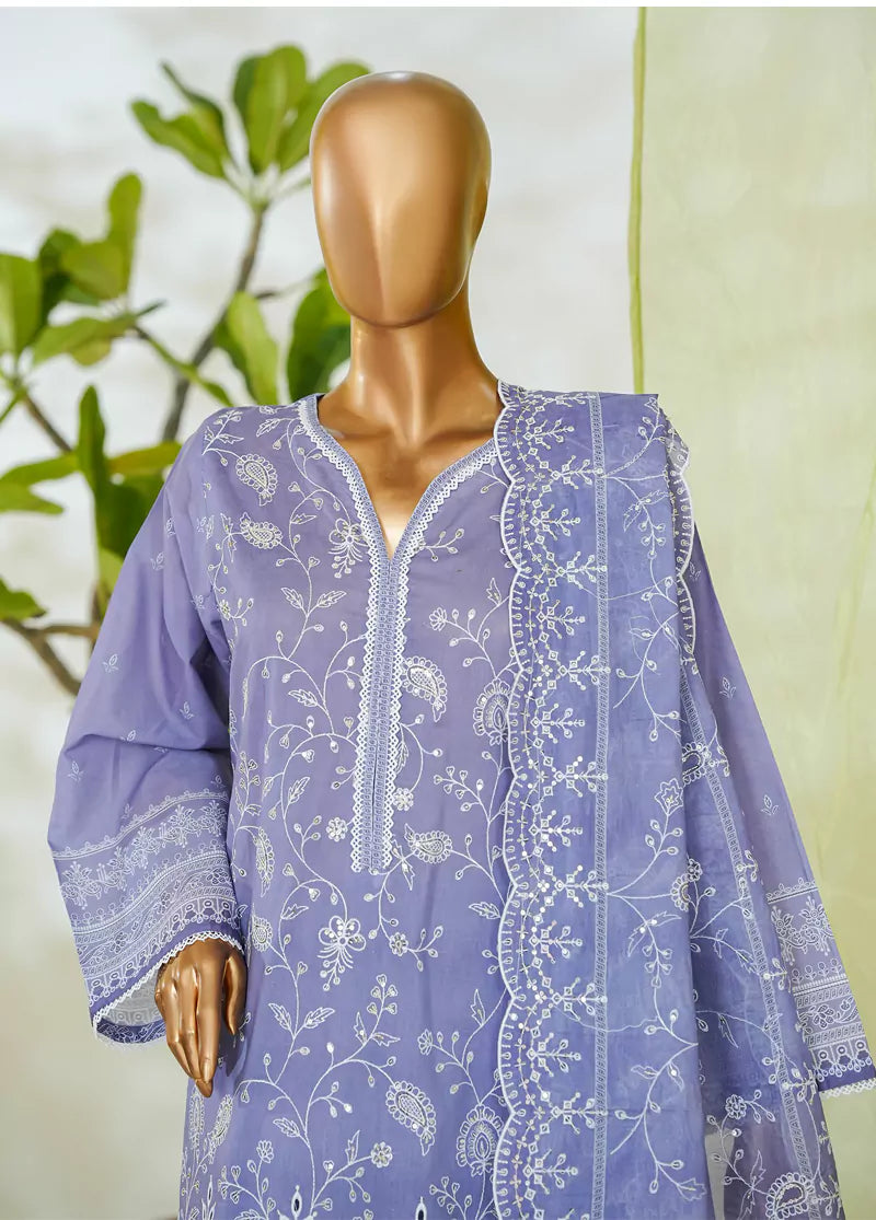 3 Piece Lavender Color Embroidered Lawn Shirt with Embroidered Trouser & Dupatta