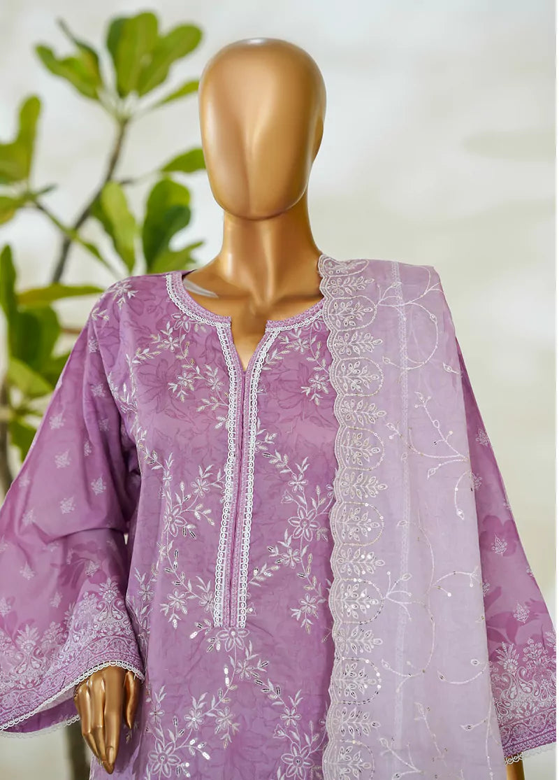 3 Piece Muave Color Embroidered Lawn Shirt with Embroidered Trouser & Dupatta