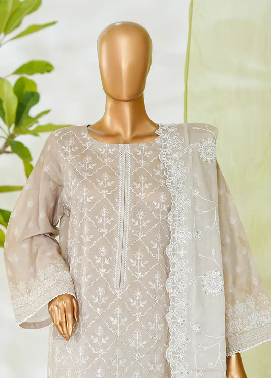 3 Piece Sand Brown Color Embroidered Lawn Shirt with Embroidered Trouser & Dupatta