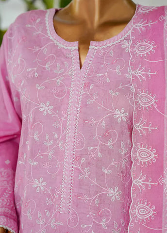 3 Piece Flamingo Pink Color Embroidered Lawn Shirt with Embroidered Trouser & Dupatta