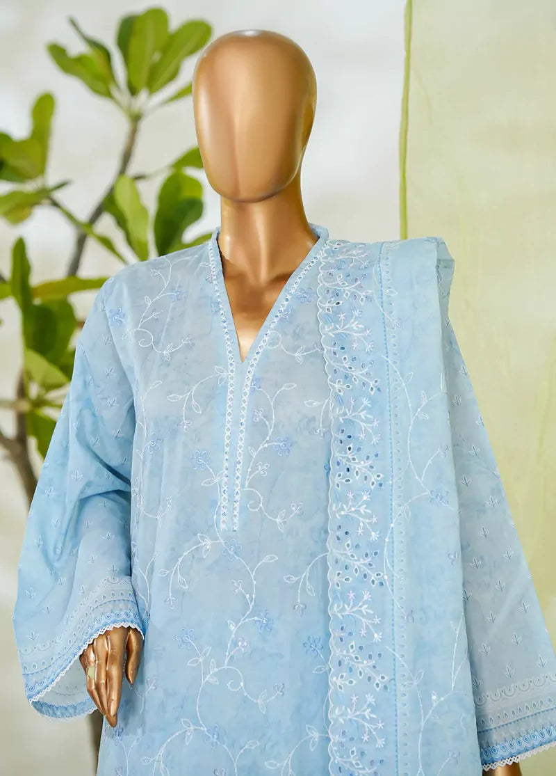 3 Piece Tiffany Blue Color Embroidered Lawn Shirt with Embroidered Trouser & Dupatta