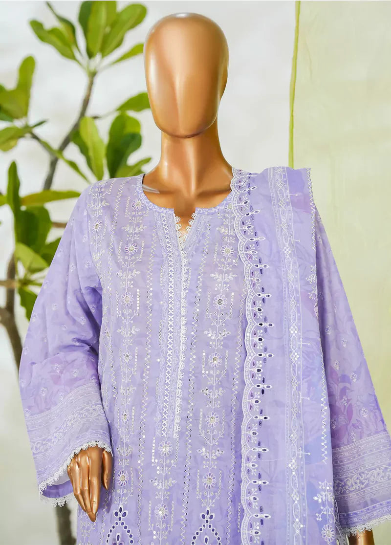 3 Piece Lavender Color Embroidered Lawn Shirt with Embroidered Trouser & Dupatta