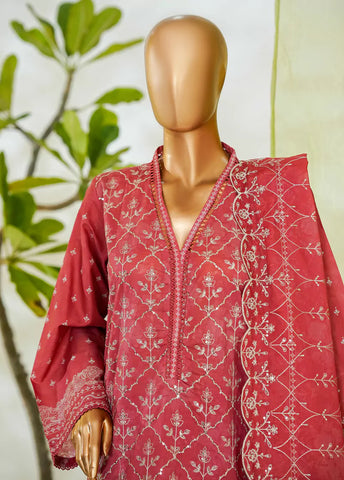 3 Piece Red Color Embroidered Lawn Shirt with Embroidered Trouser & Dupatta