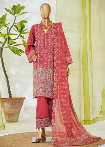 3 Piece Red Color Embroidered Lawn Shirt with Embroidered Trouser & Dupatta