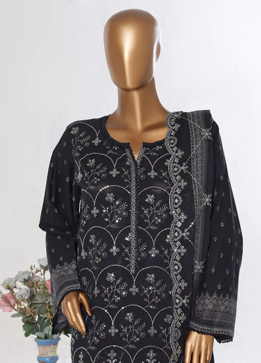 3 Piece Black Color Chikankari Lawn Shirt with Embroidered Trouser & Dupatta
